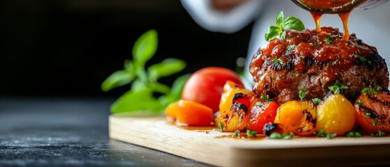  A person pours sauce over a meat piece on a cutting board, vegetables nearby