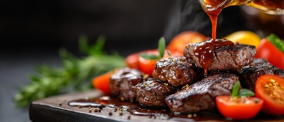 Sticker -  A tight shot of a plate filled with meat and vegetables, as drizzles cascade over them