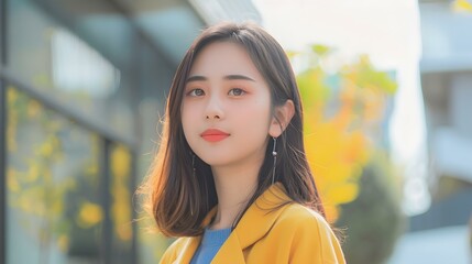 Wall Mural - Young Asian Woman With Long Hair in Yellow Blazer Looking at Camera