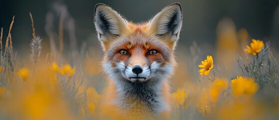  A tight shot of a fox's face amidst a field of yellow flowers