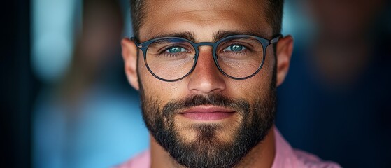 Canvas Print -  A man in close-up, dons glassess and a beard He wears a pink shirt and a matching pink collar