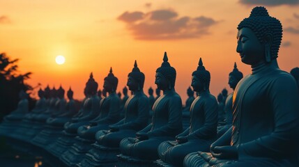 Wall Mural - Many Statue buddha image at sunset in southen of Thailand , ai