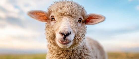 Wall Mural -  A tight shot of a sheep's head against a backdrop of a clear blue sky, adorned with scattered clouds