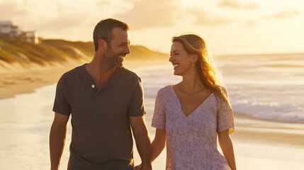 Wall Mural - Couple Walking On Beach At Sunset