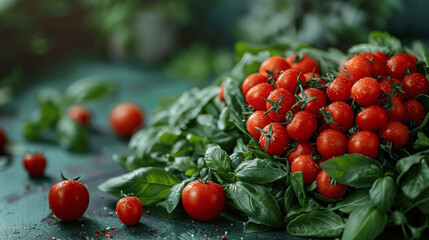 Fresh Red Tomatoes And Green Basil Leaves With Water Droplets