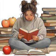 Girl Reading a Book Illustration