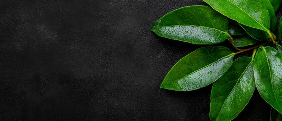  A verdant plant with dewdrops on its leaves against a black backdrop Text here