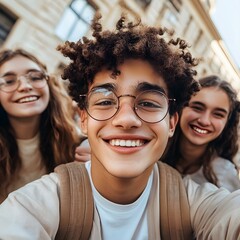 Wall Mural - Close Up Portrait Of Three Friends Smiling Together