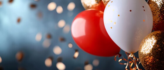 Poster -  A blue backdrop features a cluster of red and white balloons with golden confetti scattered among them, accompanied by streamers of confetti