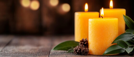 Wall Mural -  Two yellow candles placed together on a wooden table, nearby is a solitary pinecone