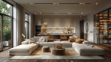 Wall Mural - Modern living room design featuring a spacious sectional sofa, elegant decor, and ample natural light during the afternoon