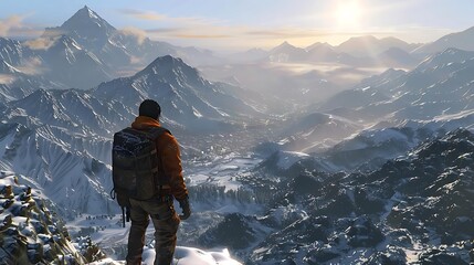 Canvas Print - A lone figure stands on a snowy mountain peak, overlooking a vast valley during sunrise.