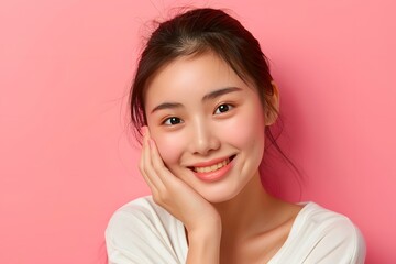 Wall Mural - Smiling Asian Woman with White T Shirt On Pink Background