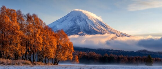 Poster -  A snow-capped mountain in the distance, trees in the foreground, foggy sky behind