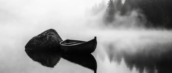 Wall Mural - boat on tranquil lake, foreground rock, background fog