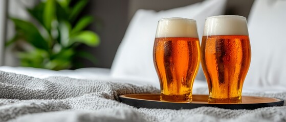 Sticker -  Two glasses of beer rest on a tray against a backdrop of a bed with a white comforter and a potted plant