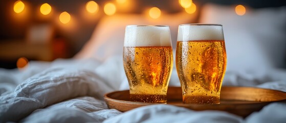 Sticker -  Two glasses of beer atop a wooden tray against white bed linens, surrounded by soft lights