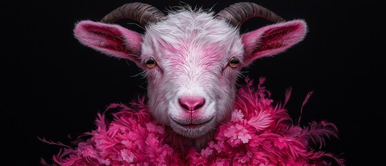 Wall Mural -  A tight shot of a goat sporting pink plumage, with a goat's head in the backdrop