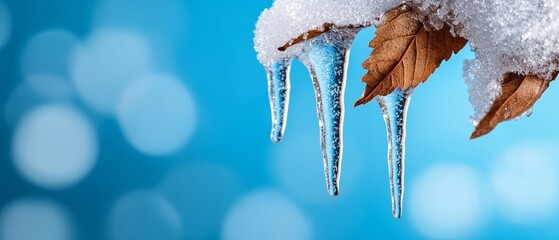 Wall Mural -  A tight shot of a leaf with icicles on a frost-kissed branch, against a backdrop of a clear, blue sky Snow blankets the leaf's surface