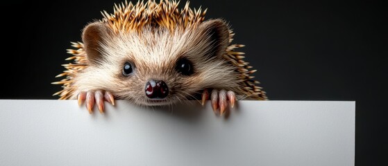 Wall Mural -  A hedgehog peeks out from behind a blank sign, resting paws on its head