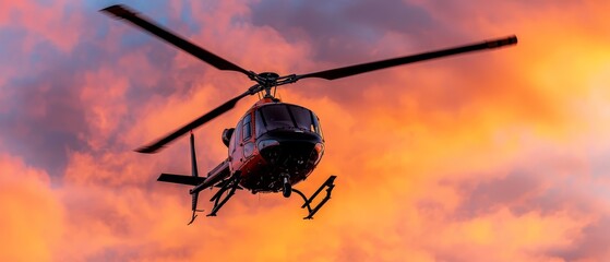 Canvas Print -  A helicopter traverses a cloud-studded, blue-and-red skybackdrop Clouds pepper the foreground