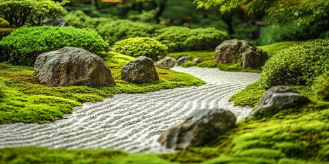 Wall Mural - A Japanese zen garden with carefully raked sand patterns, lush green moss-covered rocks 