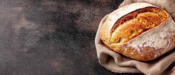  A loaf of bread atop a cloth on a black counter, beside a solitary slice