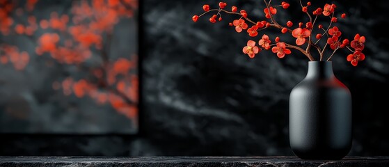  A vase, brimming with red blooms, sits atop a table Nearby, a black-and-white wall displays a painting