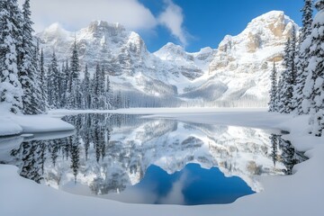 Canvas Print - Snow Covered Mountain Lake with Reflection