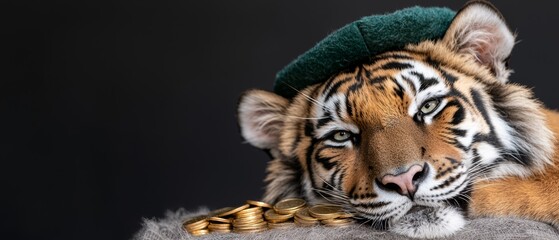 Wall Mural -  A tight shot of a tiger wearing a hat, adjacent to a mound of gold coins