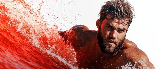 Poster -  A shirtless man atop a red-and-white surfboard rides a red-and-white wave