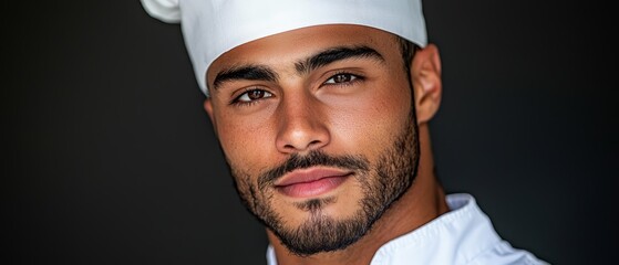 Wall Mural -  A tight shot of a chef, gazing intently into the camera while donning a hat