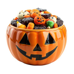 A festive Halloween pumpkin bowl filled with colorful candies evokes sense of joy and celebration. 