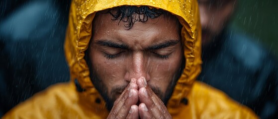 Canvas Print -  A man in a yellow raincoat, hands clasped before his face, stands in the rain