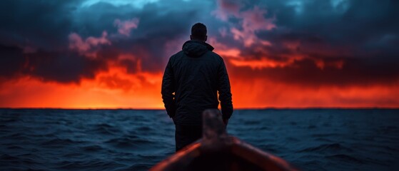 Wall Mural -  A man atop a boat in a vast water expanse, under a gloomy cloud-filled sky