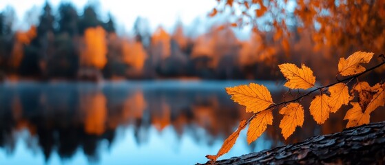 Wall Mural -  A tight shot of a tree leaf hovering above reflective water, surrounded by a lush forest backdrop