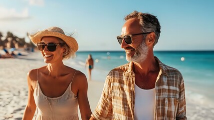 Wall Mural - Happy Couple Walking on the Beach at Sunset