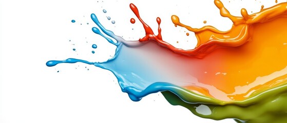 Wall Mural -  Multicolored liquids splash on a white backdrop; a blue sky lies in the background