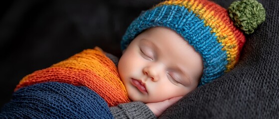 Wall Mural -  A tight shot of an infant donning a knitted hat, adorned with a pom-pom atop their head