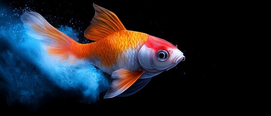 Wall Mural -  A tight shot of a goldfish adorned with blue and red pigment on its body against a backdrop of pure black