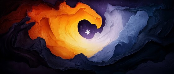 Canvas Print -  A circular painting featuring an orange-blue swirl with a white star at its center, and a smaller black star at the very core