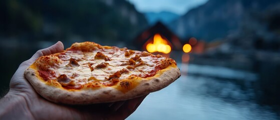 Poster -  A person, close-up, holds a pizza in front of a body of water A house is visible in the background