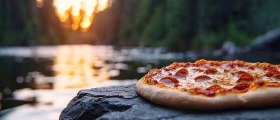 Wall Mural -  A pixel-perfect pizza close-up atop a rock, beside a serene body of water The setting sun casts an orange backdrop in the background