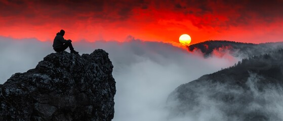 Wall Mural -  Person atop mountain against red backdrop with clouds in foreground