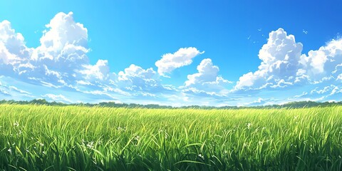 Sticker - Green field with blue sky grassland landscape outdoors.