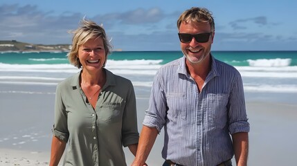 Wall Mural - Happy Couple Walking on Sandy Beach with Blue Ocean and White Waves