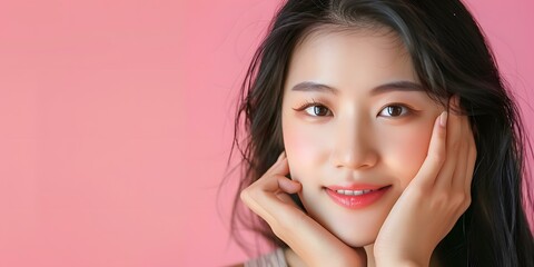 Wall Mural - Smiling Asian Woman with Pink Background