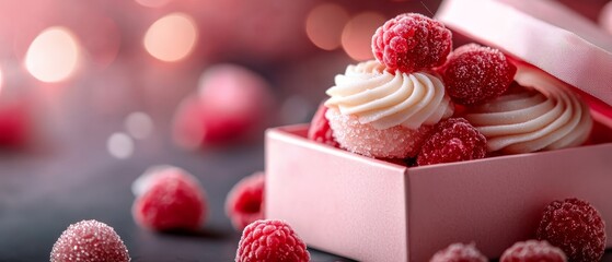 Poster -  A tight shot of a box of cupcakes, their frosting and raspberries prominently displayed, against a black table