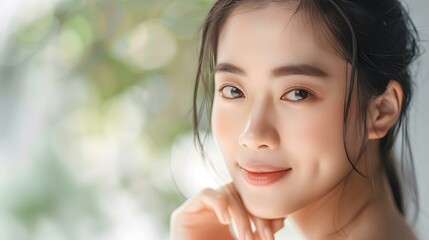 Wall Mural - Close Up Portrait of a Young Asian Woman with Soft Skin and a Gentle Smile