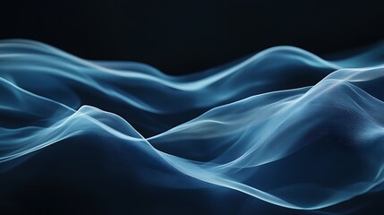 Dark abstract background featuring soft blue waves flowing across a black backdrop, emphasizing motion and modern fluidity